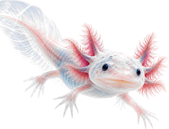 Illustration of a translucent, pale-pink axolotl with feathery red gills, swimming toward the viewer